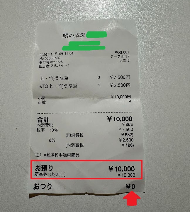 1万円分のレシート。優待券4枚を使用して0円に!